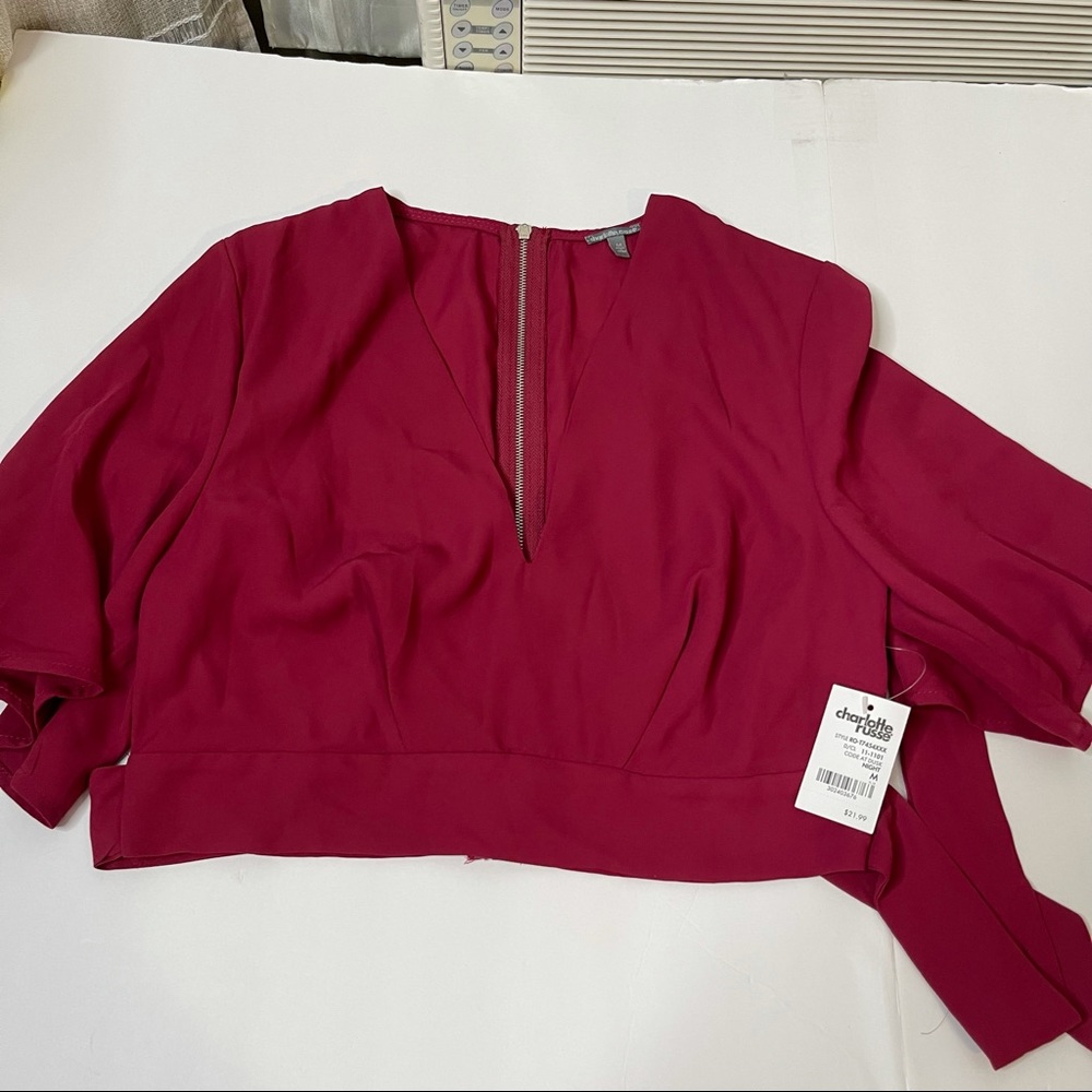 Cranberry red crop zip up blouse batwing sleeve
